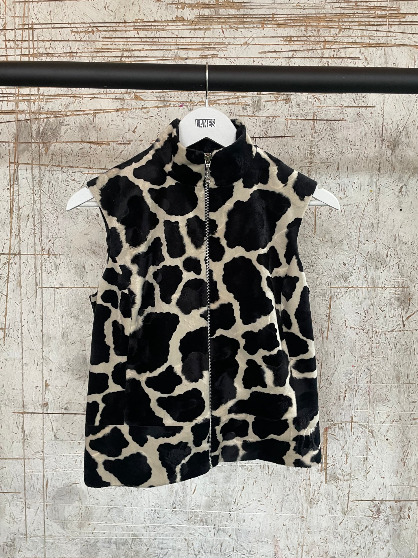 Cow Print Fluffy Zip Through Vest