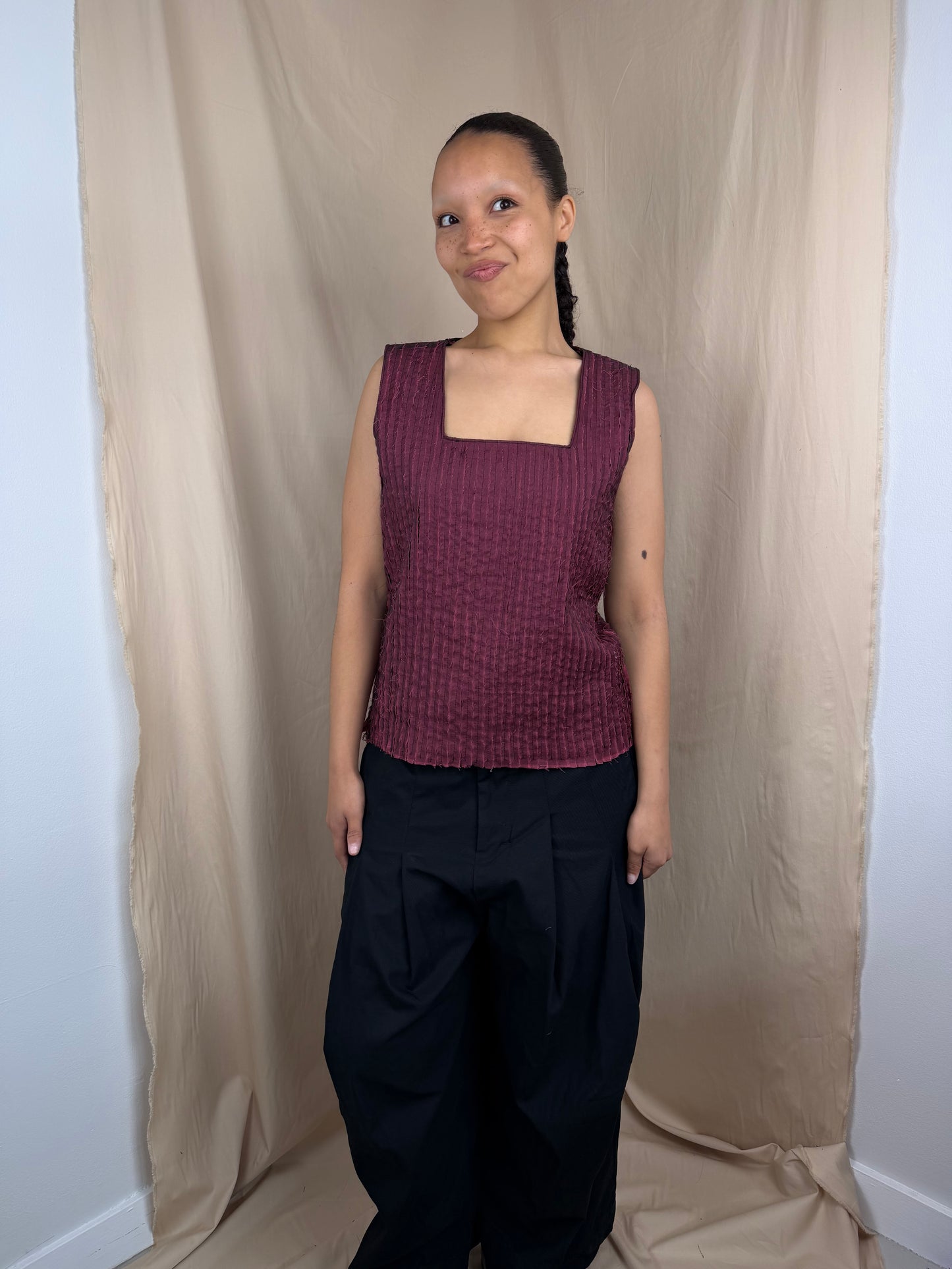 Pleat Fray Square Neck top in Red