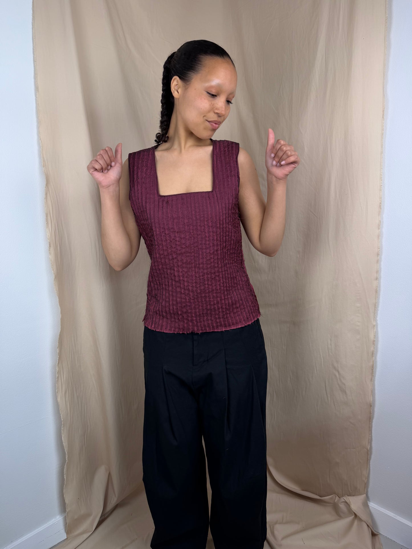 Pleat Fray Square Neck top in Red