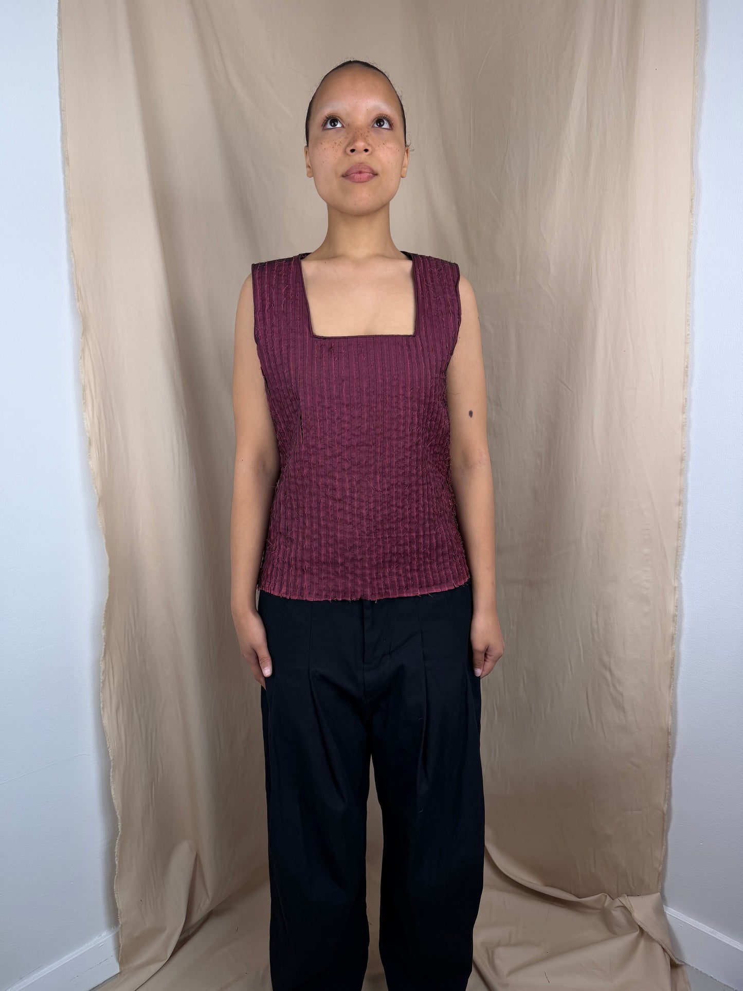 Pleat Fray Square Neck top in Red