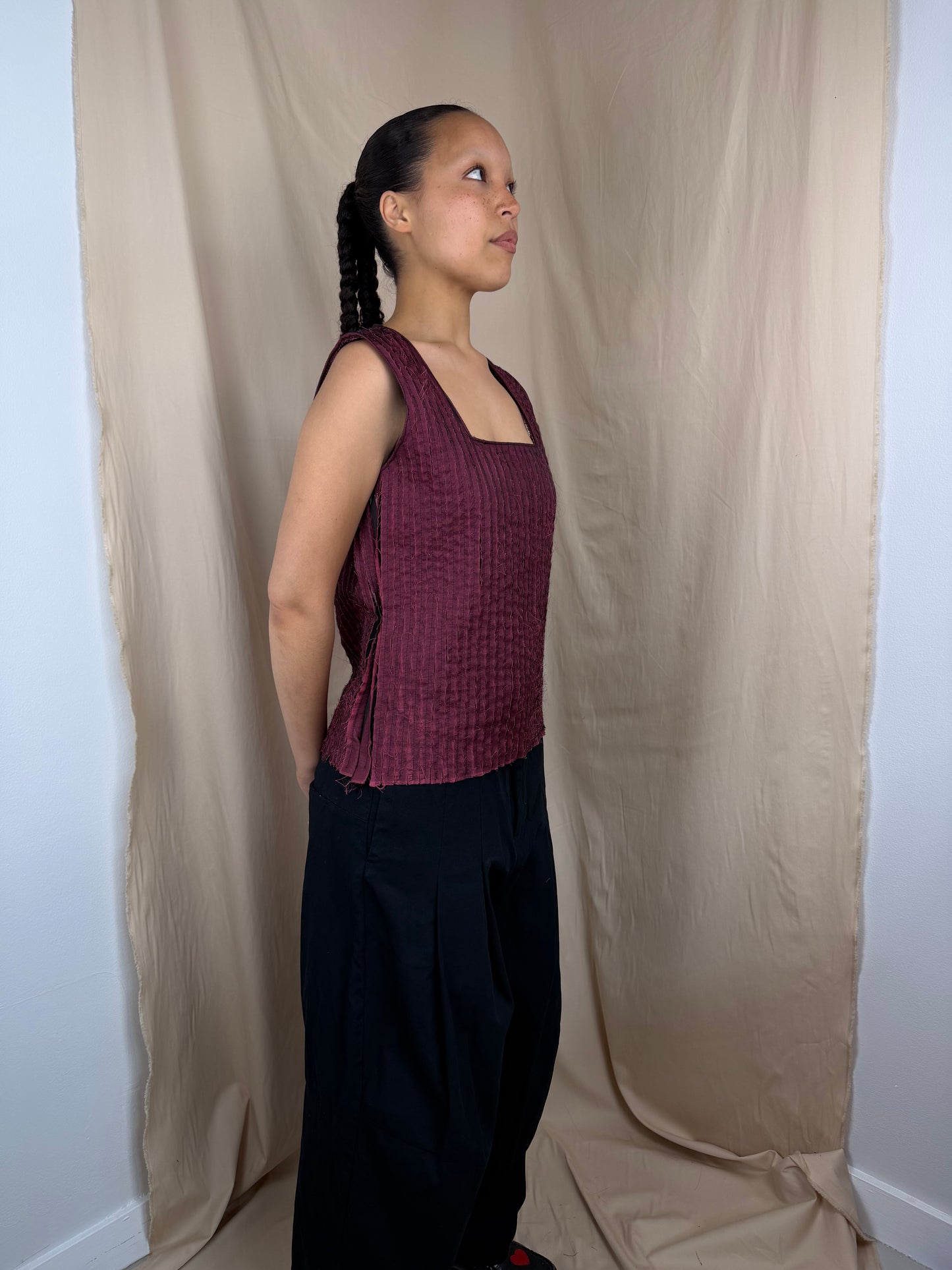 Pleat Fray Square Neck top in Red