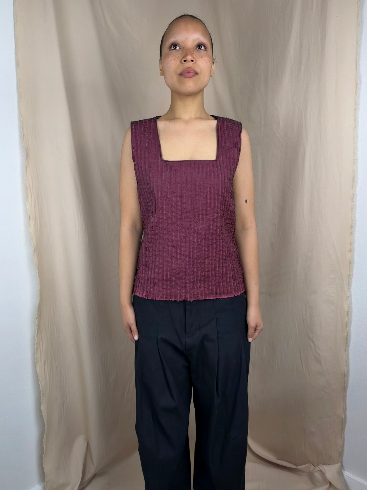 Pleat Fray Square Neck top in Red