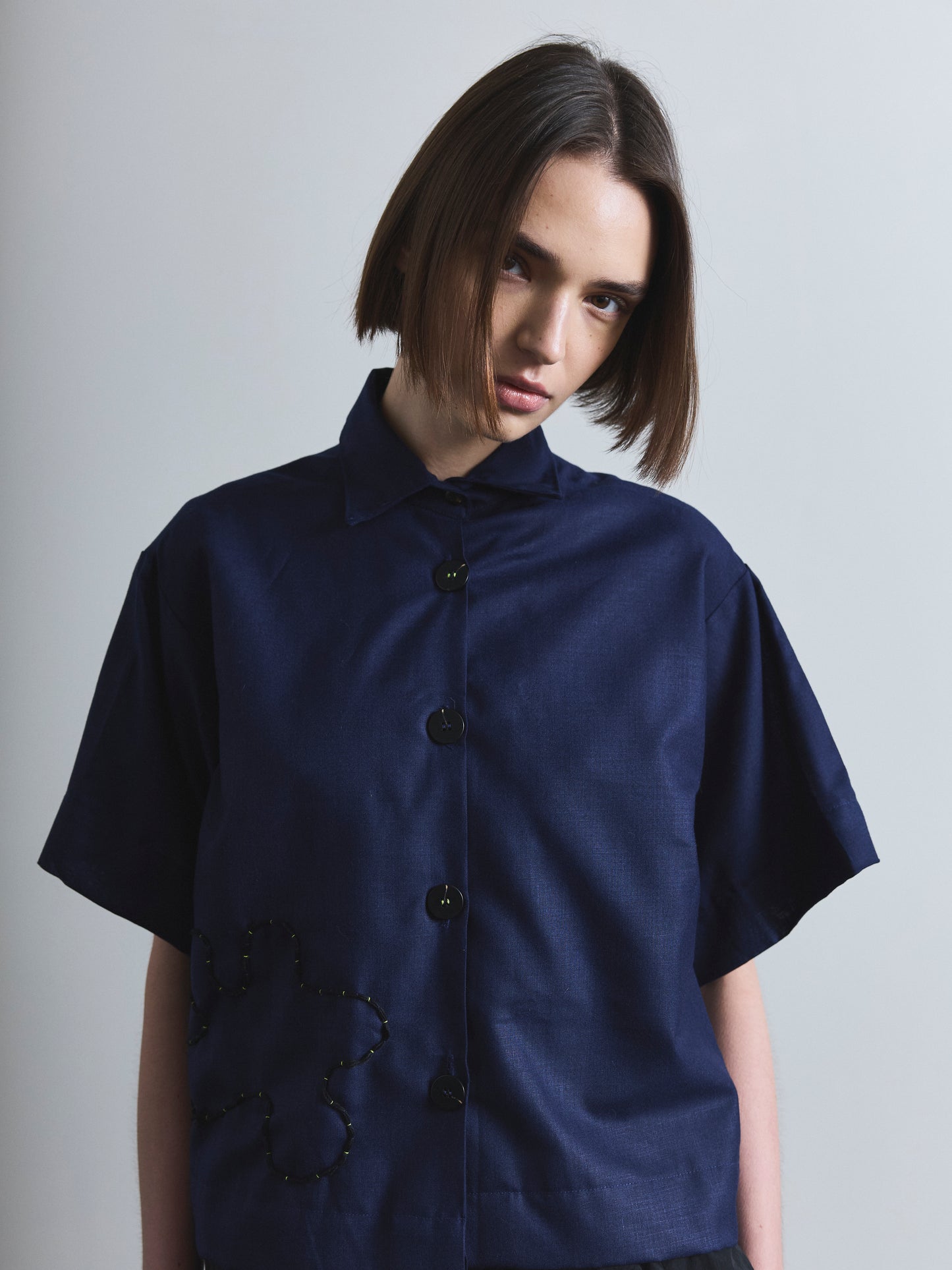 Handmade Navy Shirt with Embroidery